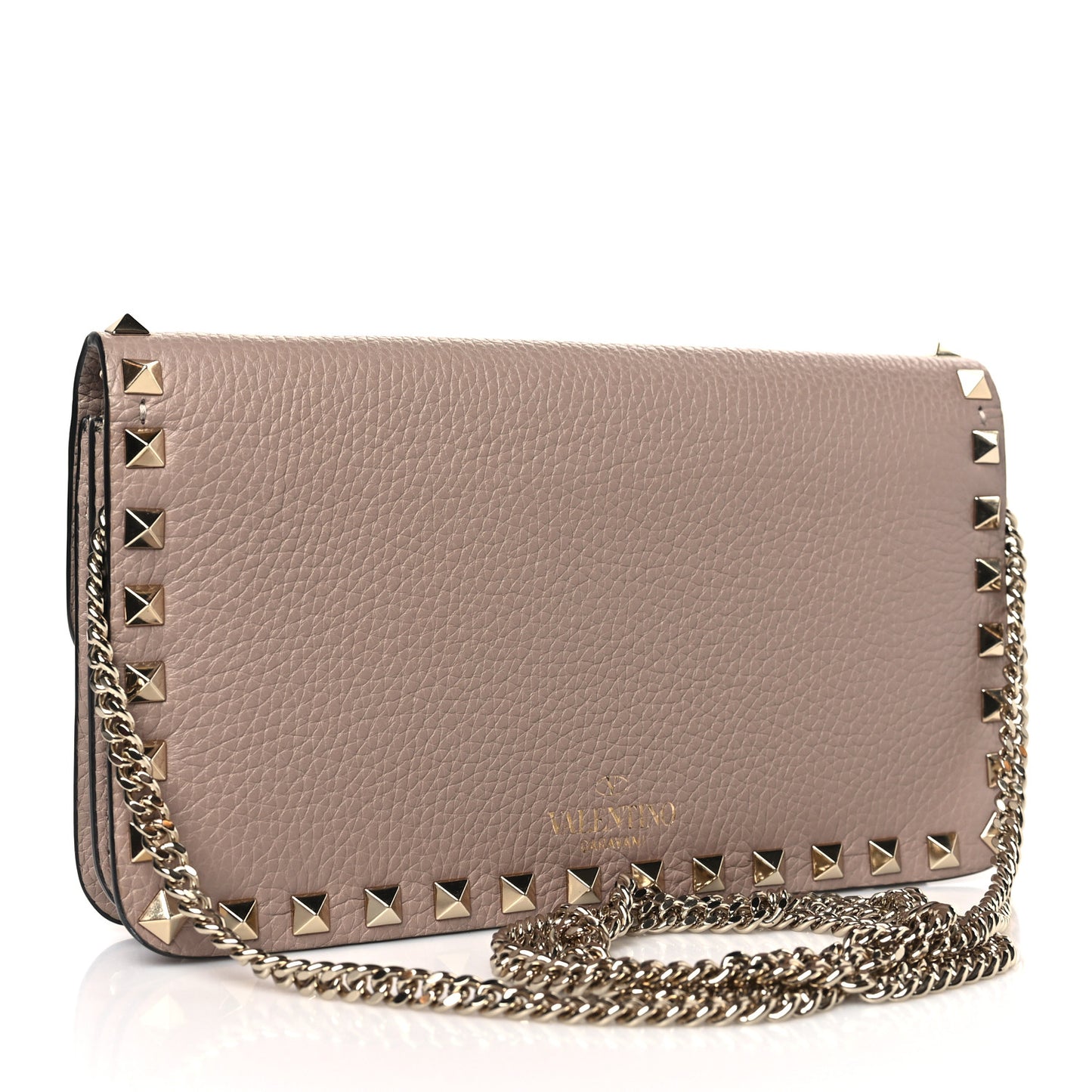 Pebbled Calfskin Rockstud Flap Wallet On Chain Poudre