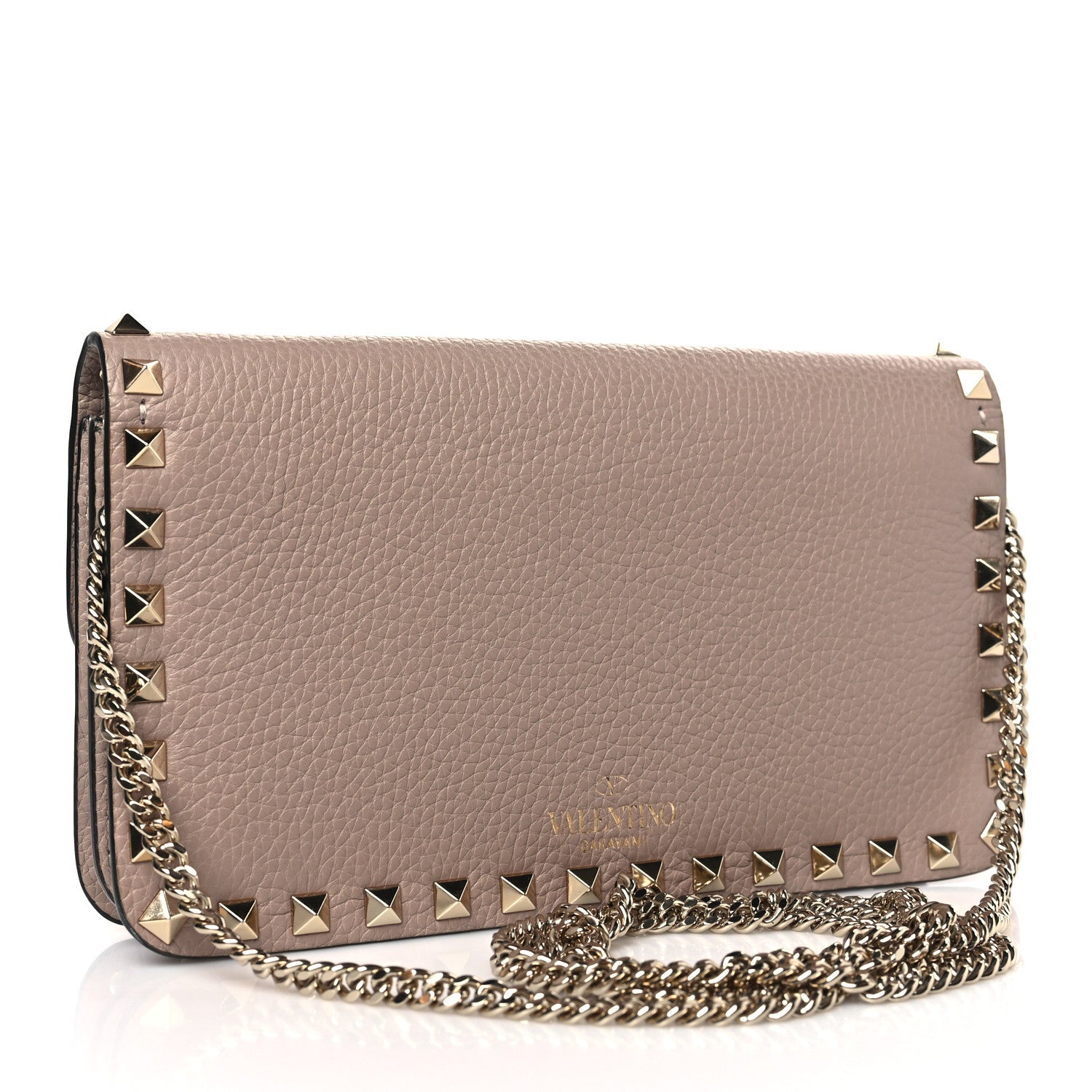 Valentino Garavani Pebbled Calfskin Rockstud Flap Wallet On Chain Poudre 3 of 8