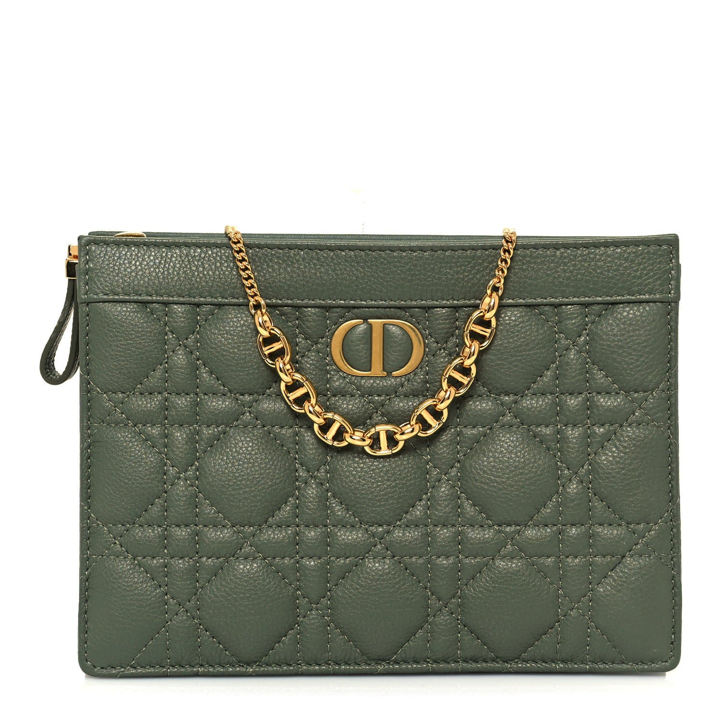 Calfskin Cannage Caro Zipped Pouch With Chain Cedar Green