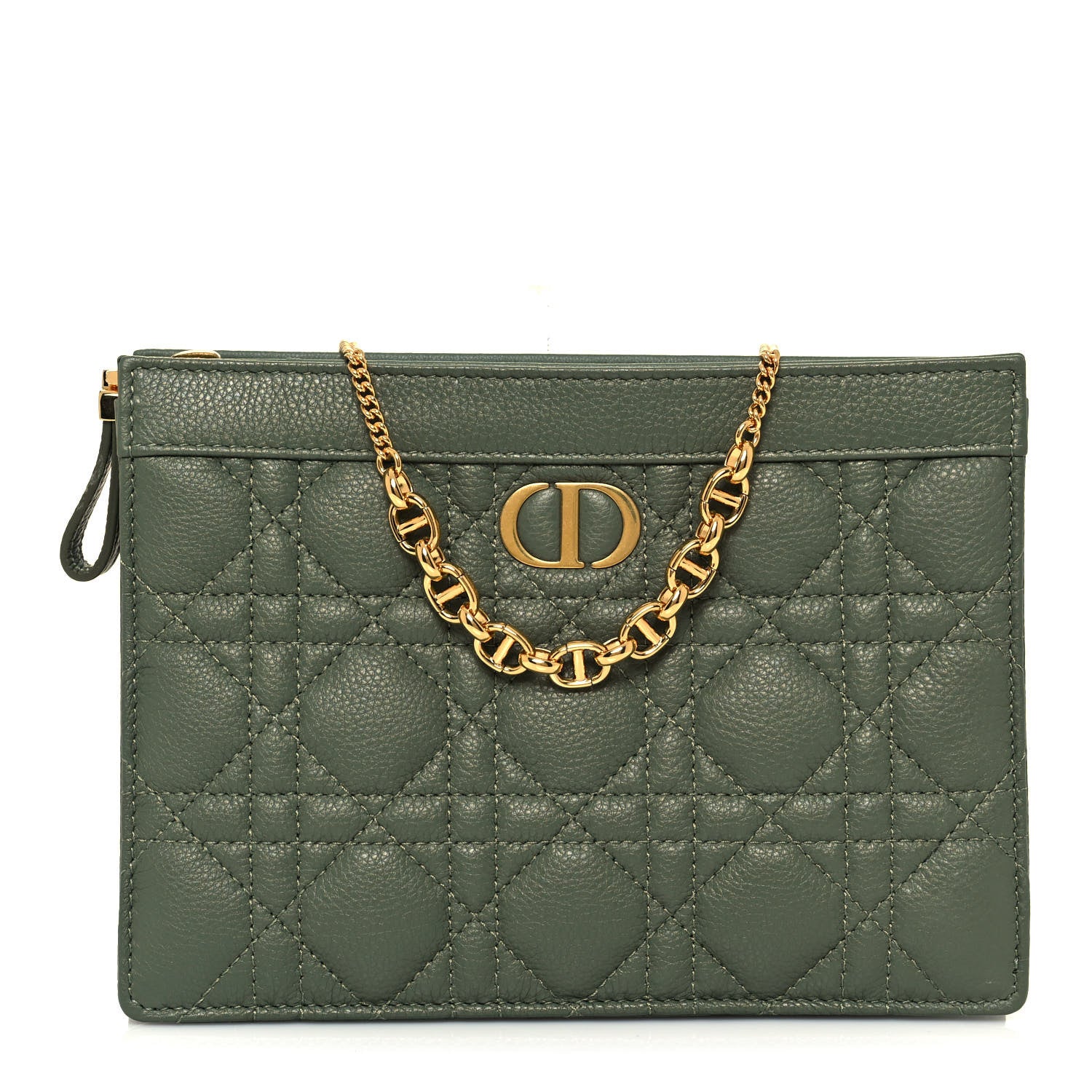 Christian Dior Calfskin Cannage Caro Zipped Pouch With Chain Cedar Green 1 of 11