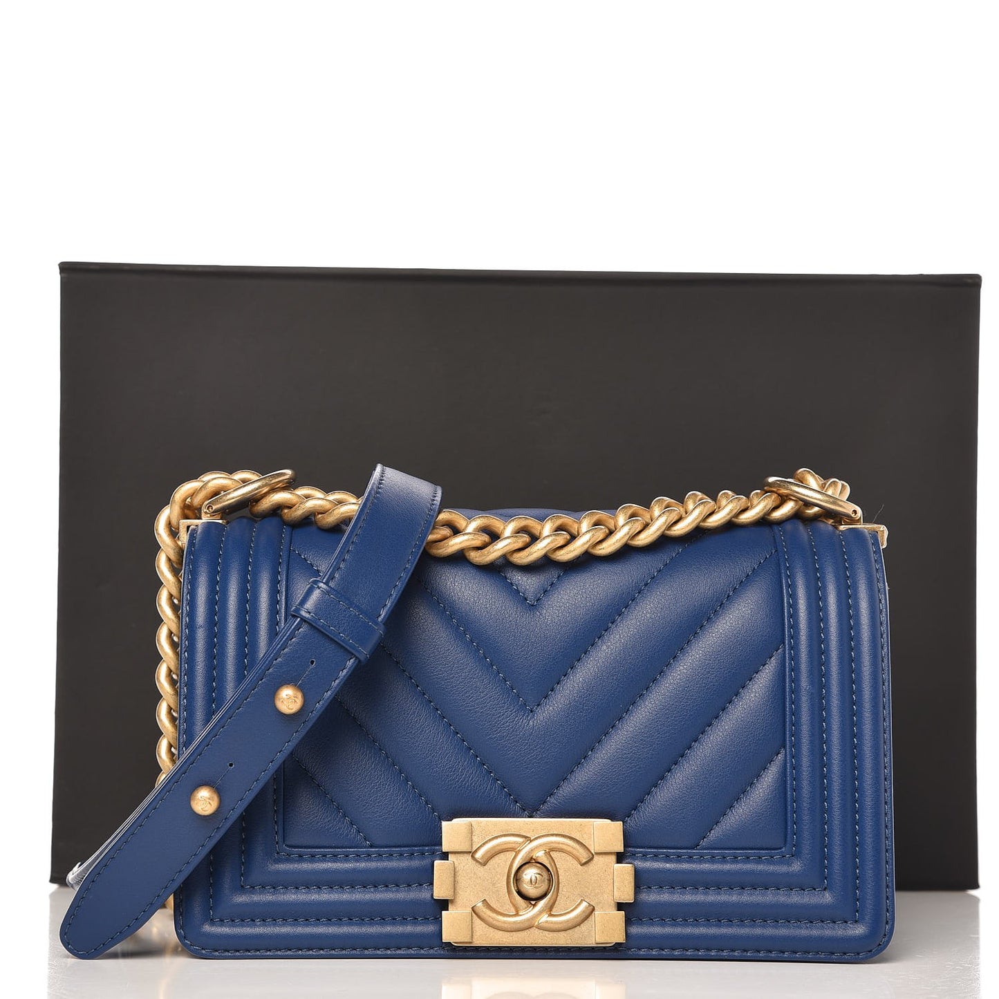 Calfskin Chevron Quilted Small Boy Flap Blue