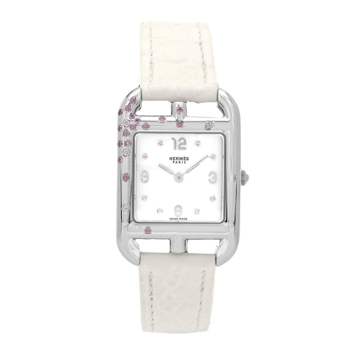 Stainless Steel Alligator Diamond Pink Sapphire Mother of Pearl 23mm Cape Cod Quartz Watch Blanc