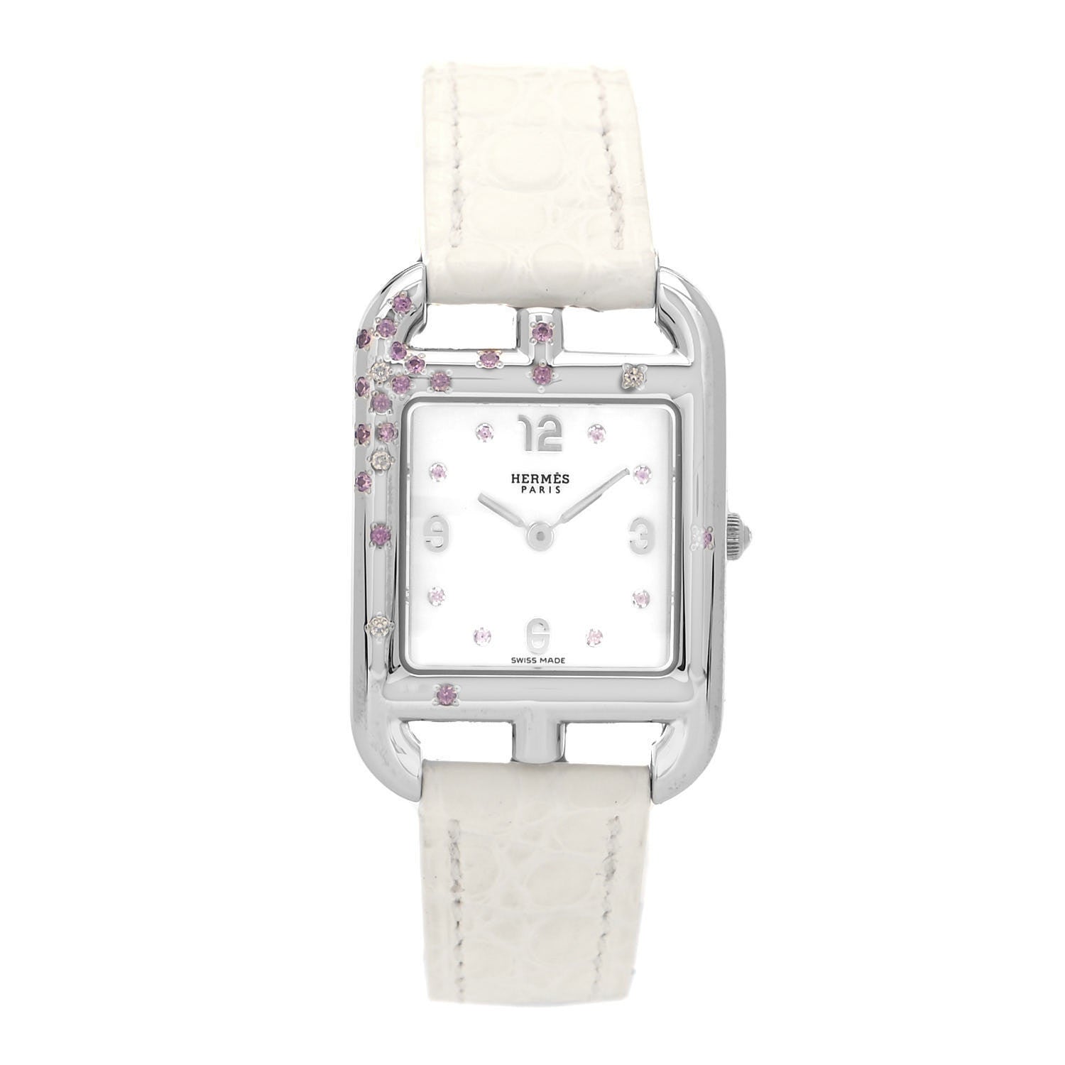 Hermes Stainless Steel Alligator Diamond Pink Sapphire Mother of Pearl 23mm Cape Cod Quartz Watch Blanc 1 of 5