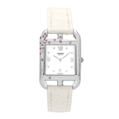 Hermes Stainless Steel Alligator Diamond Pink Sapphire Mother of Pearl 23mm Cape Cod Quartz Watch Blanc 1 of 5