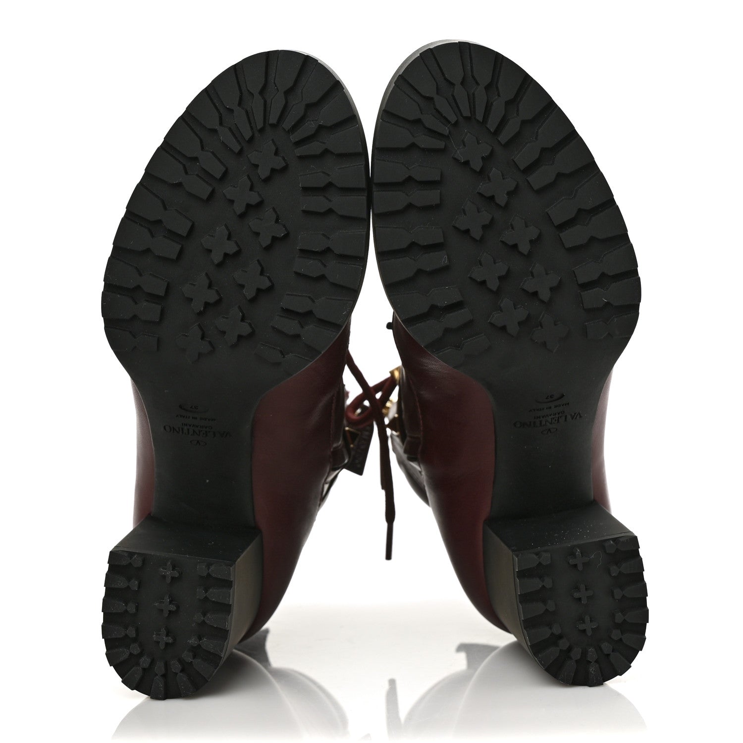 Valentino Garavani Calfskin Rockstud Cap Toe Combat Boots 37 Burgundy Black 5 of 9