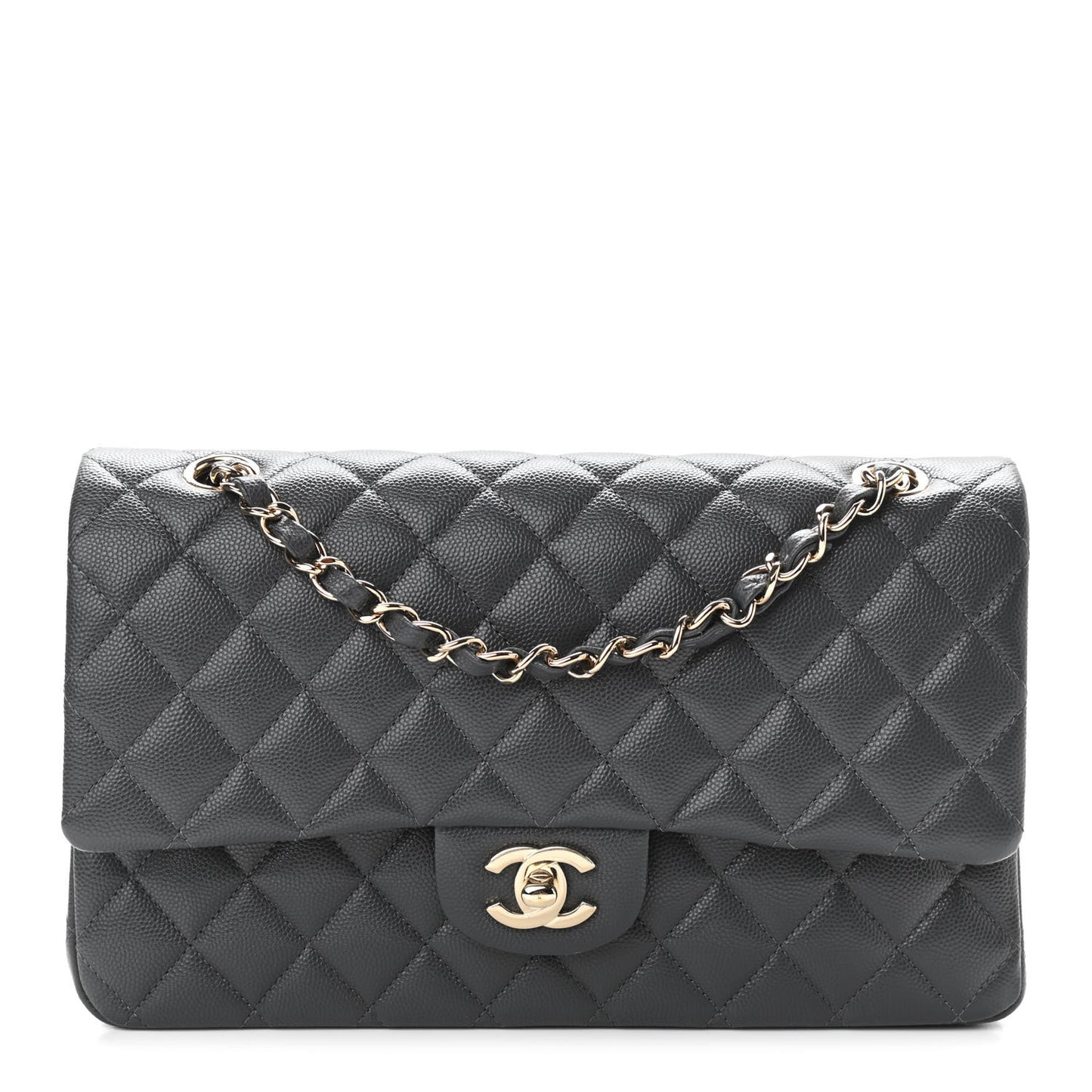 Caviar Quilted Medium Double Flap Dark Grey