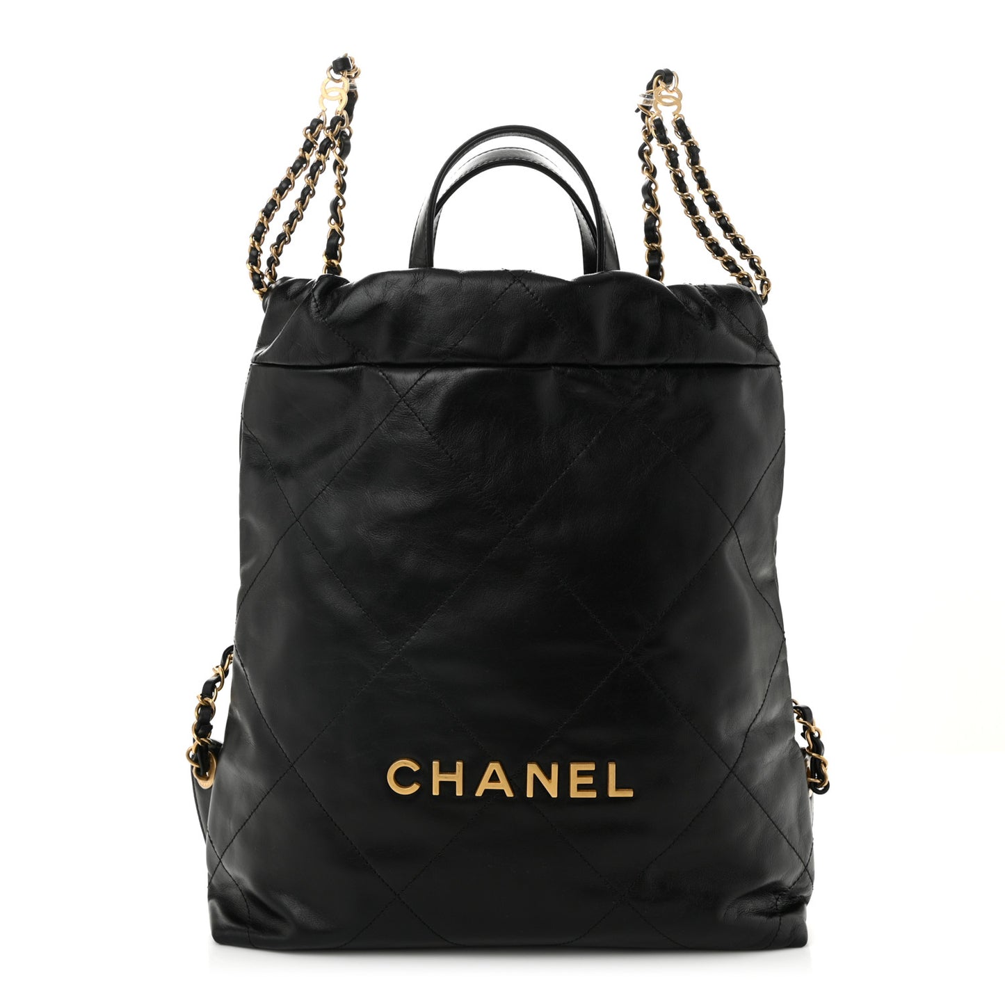 Shiny Calfskin Quilted Chanel 22 Backpack Black