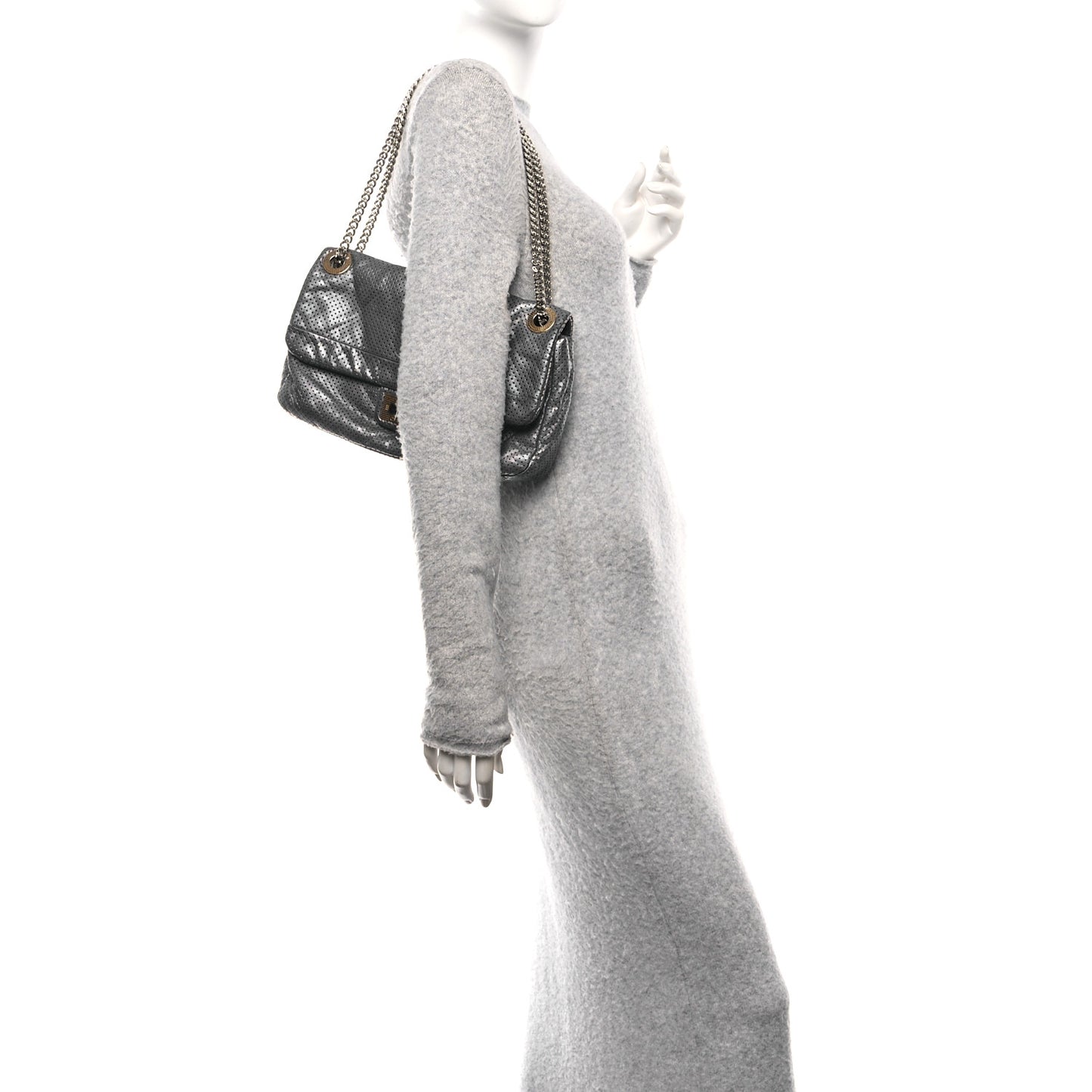 Metallic Crackled Calfskin Perforated Drill Flap Silver