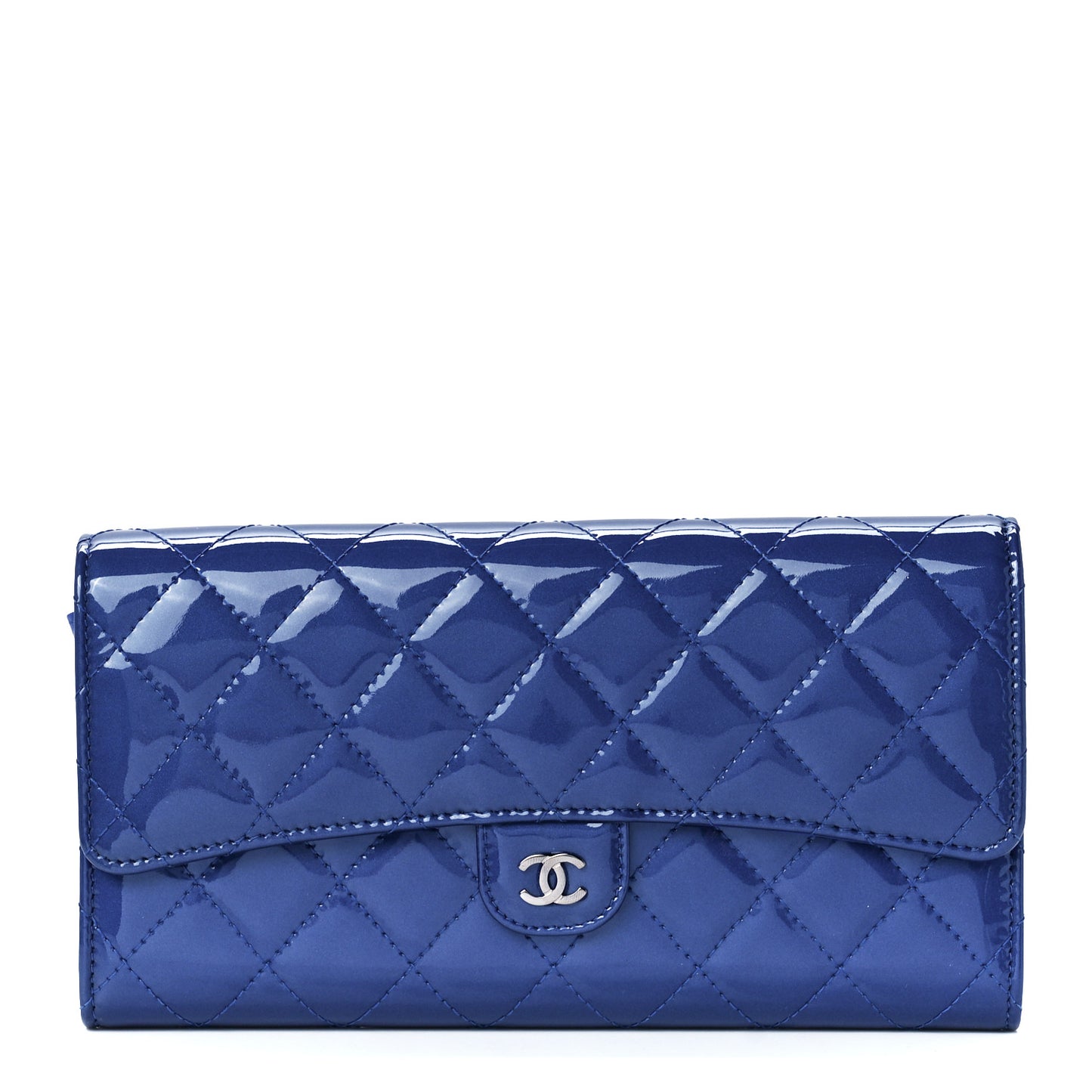 Patent Calfskin Quilted Flap Clutch Wallet Blue