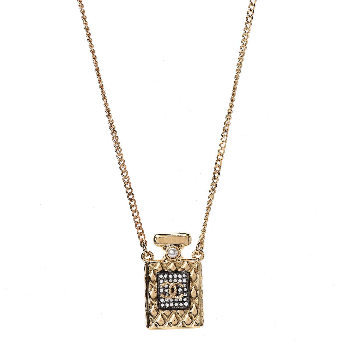 Crystal Pearl Perfume Bottle CC Necklace Black Gold