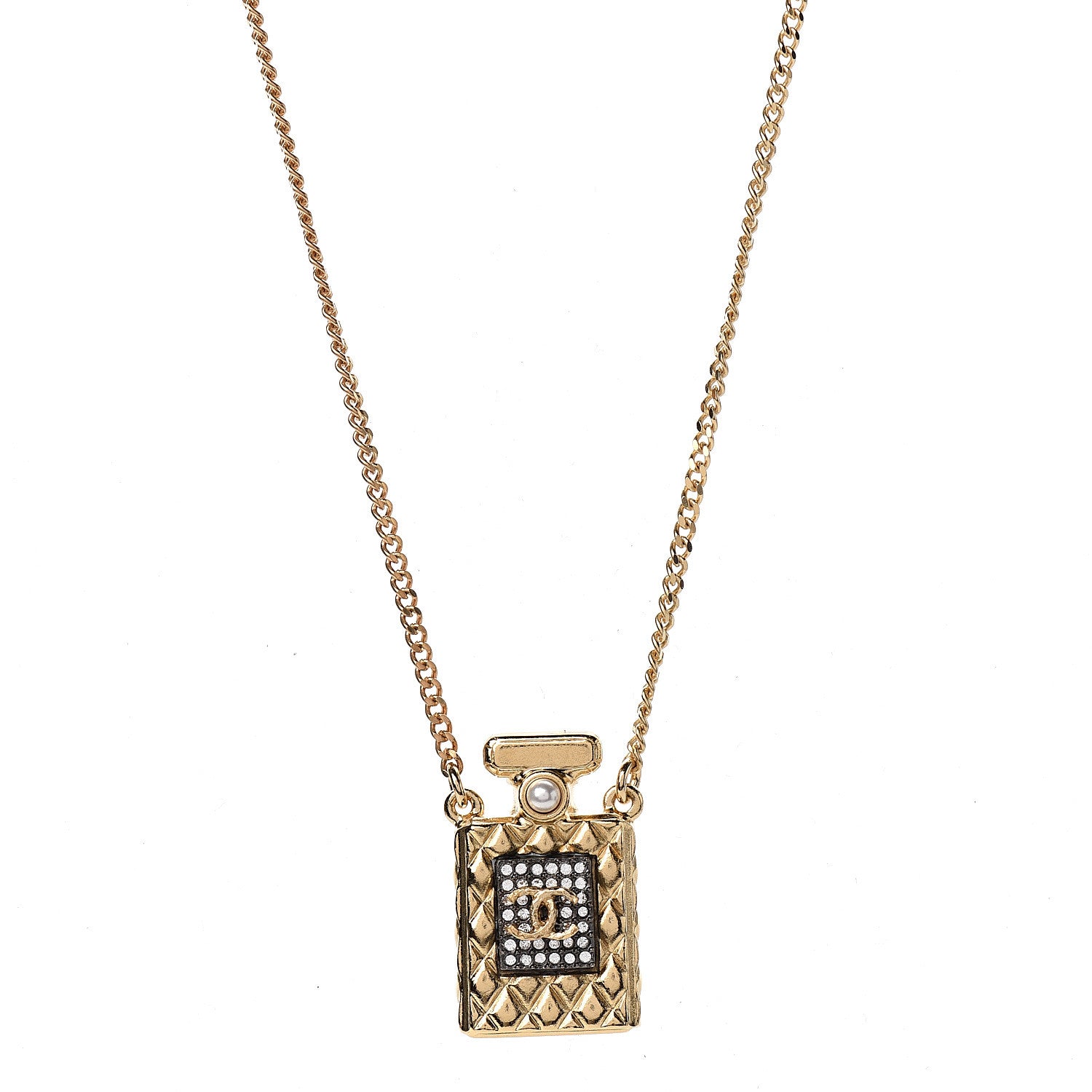 Chanel Crystal Pearl Perfume Bottle CC Necklace Black Gold 1 of 4