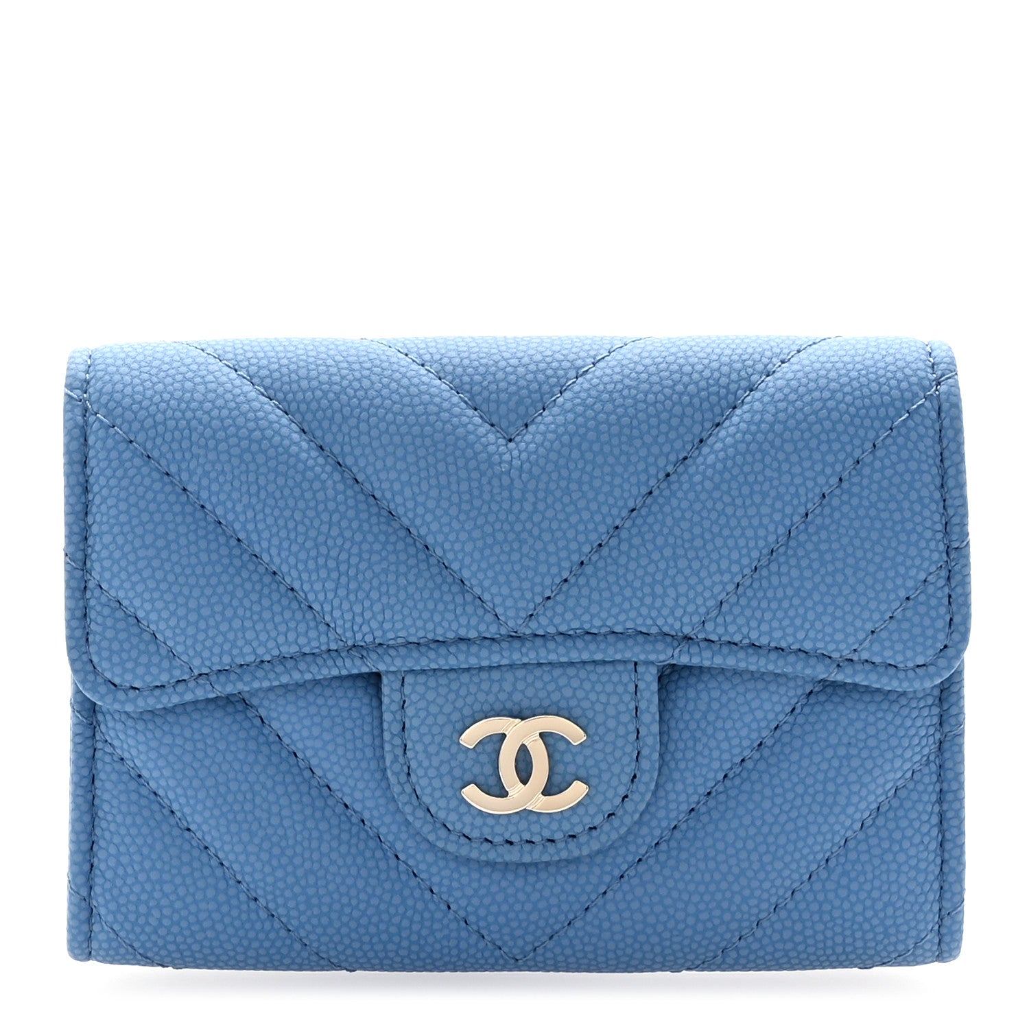 Chanel Caviar Flat Chevron Quilted Flap Card Holder Wallet Blue 1 of 9