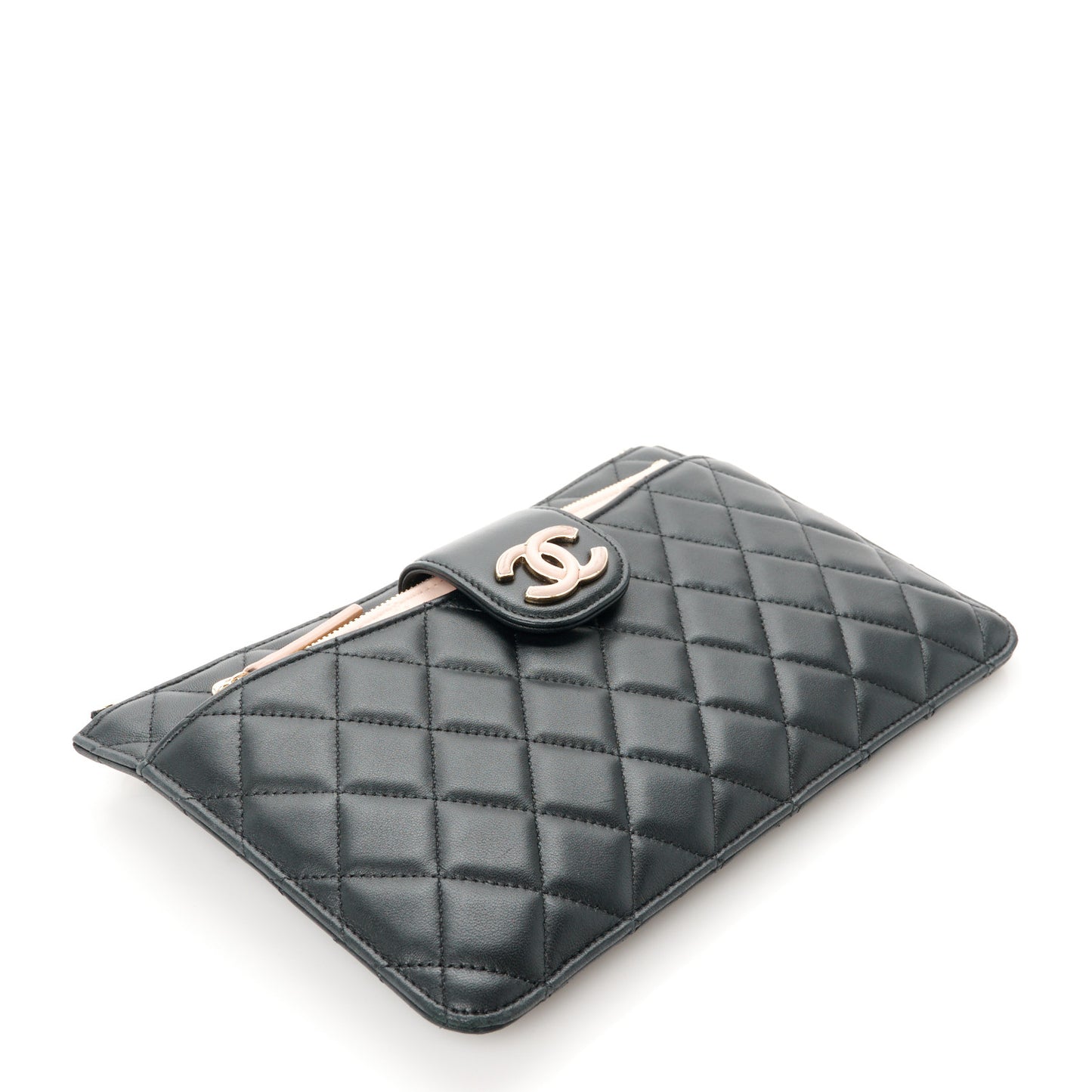 Lambskin Quilted Coco Mark Clutch Black Light Pink