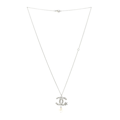 Chanel Crystal CC Star Pearl Drop Necklace Silver 3 of 6