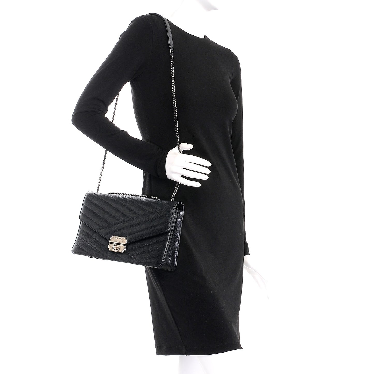 Shiny Goatskin Chevron Quilted Gabrielle Flap Black