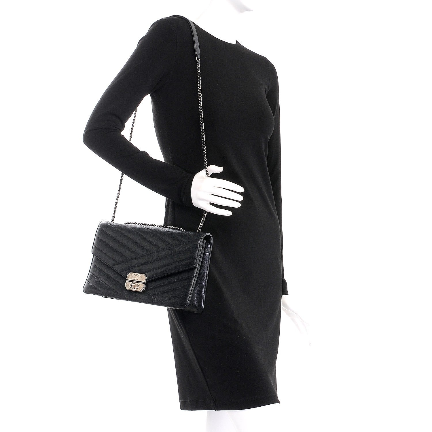 Chanel Shiny Goatskin Chevron Quilted Gabrielle Flap Black 2 of 8