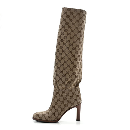 Gucci Monogram Malaga Kid Lisa Mid Heel Boots 37 Beige Ebony 1 of 8