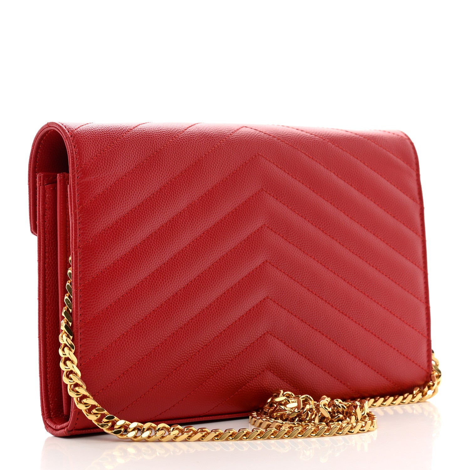 Saint Laurent Grain De Poudre Matelasse Chevron Cassandre Chain Wallet New Red 3 of 10