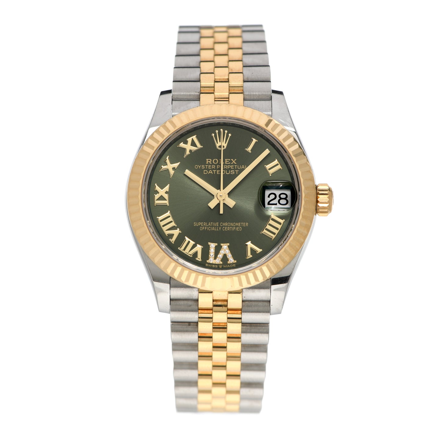 Stainless Steel 18K Yellow Gold Diamond 31mm Oyster Perpetual Datejust Watch Olive Green Roman 278273