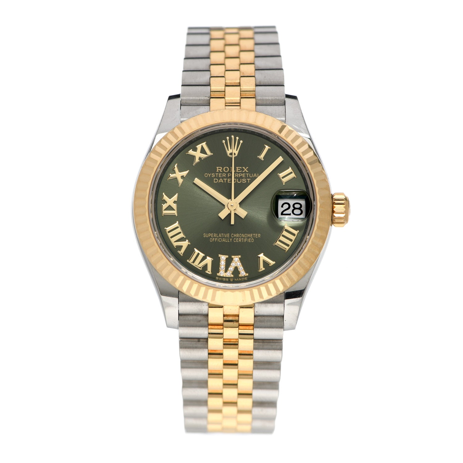 Rolex Stainless Steel 18K Yellow Gold Diamond 31mm Oyster Perpetual Datejust Watch Olive Green Roman 278273 1 of 5