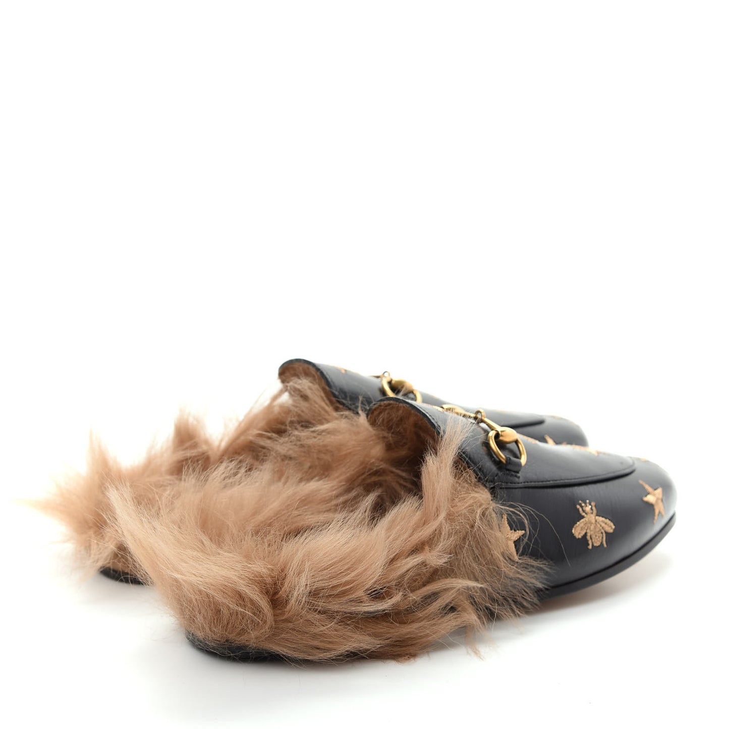 Goatskin Fur Bee Star Embroidered Womens Princetown Slippers 36.5 Black