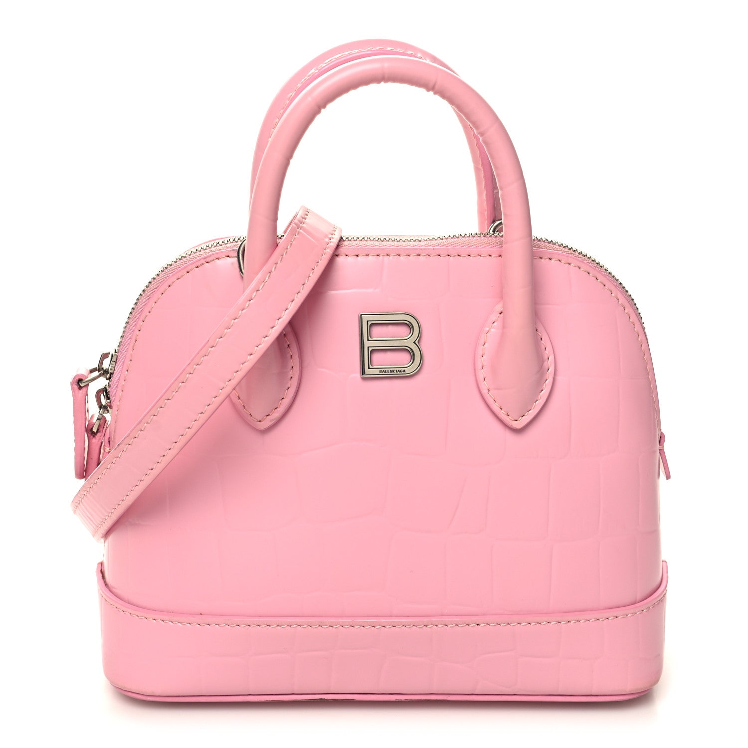 Balenciaga Semi Shiny Calfskin Rivet Crocodile Embossed XXS Ville Top Handle Bag Pink 1 of 14