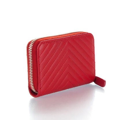 Chanel Caviar Chevron Quilted Zip Around Coin Purse Red 3 of 7