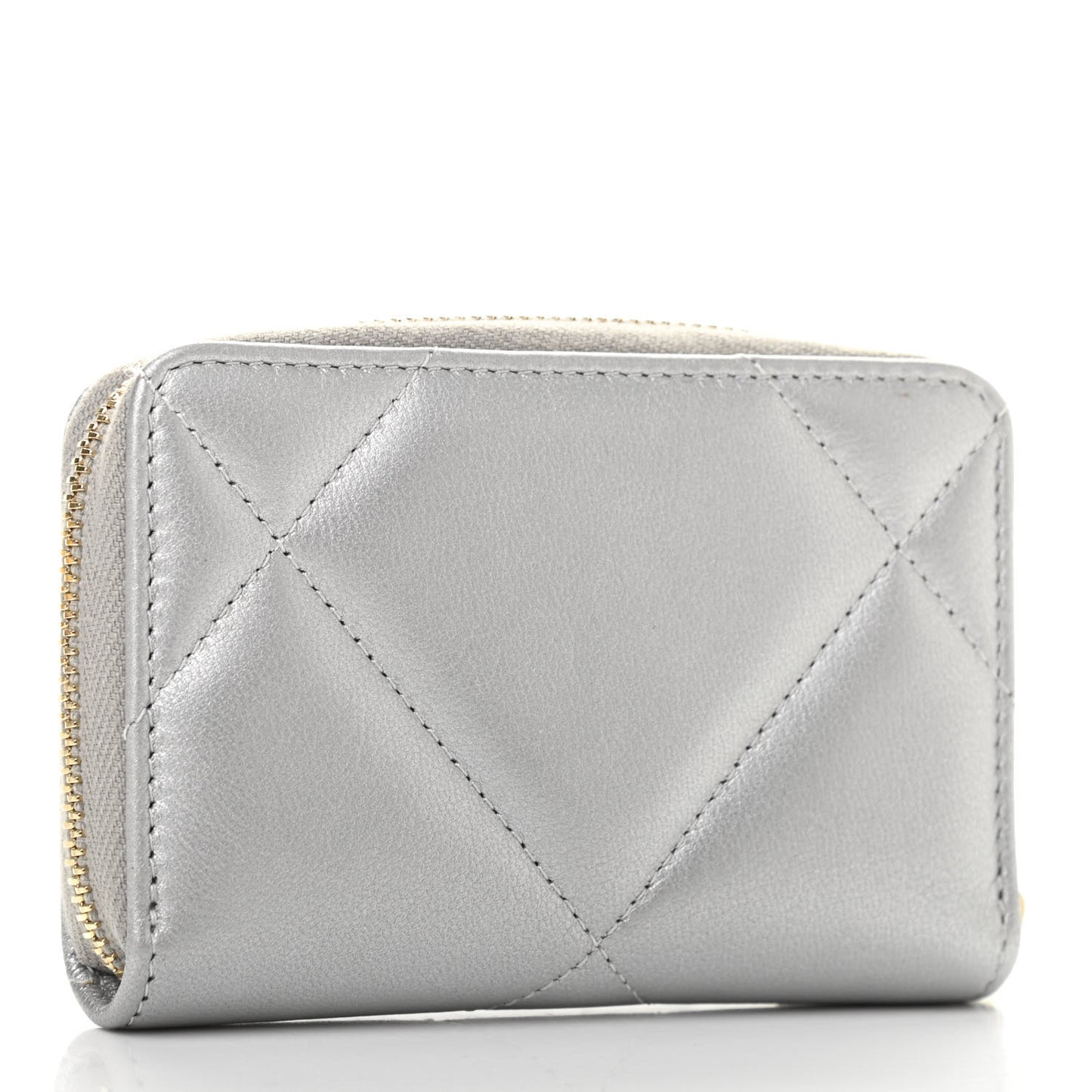 Metallic Goatskin Quilted Chanel 19 Zip Around Coin Purse Wallet Silver