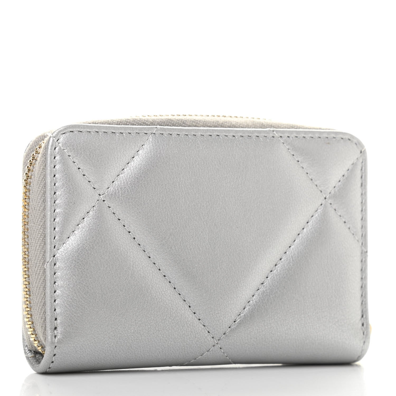 Chanel Metallic Goatskin Quilted Chanel 19 Zip Around Coin Purse Wallet Silver 3 of 8