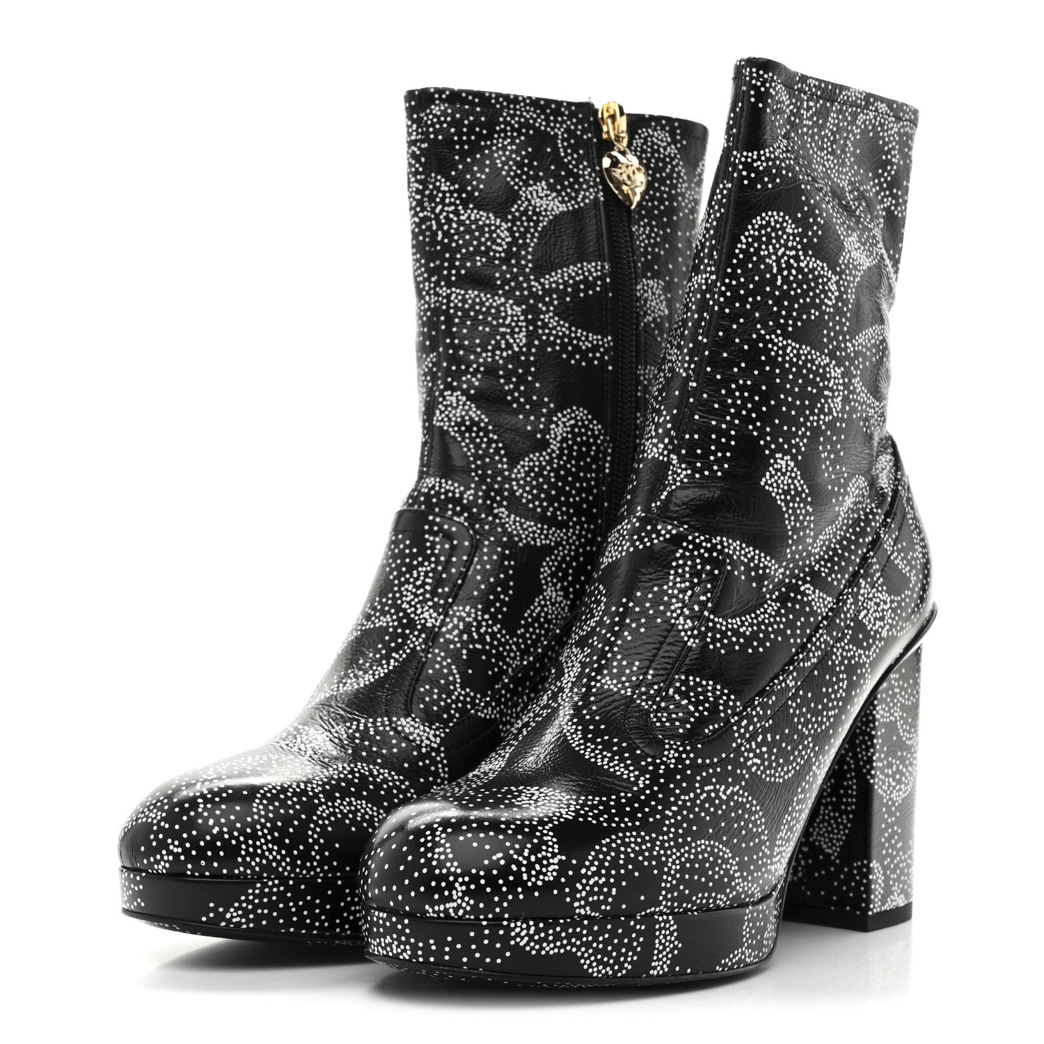 Chanel Calfskin Camellia Printed Ankle Boots 38 Black White 3 of 9