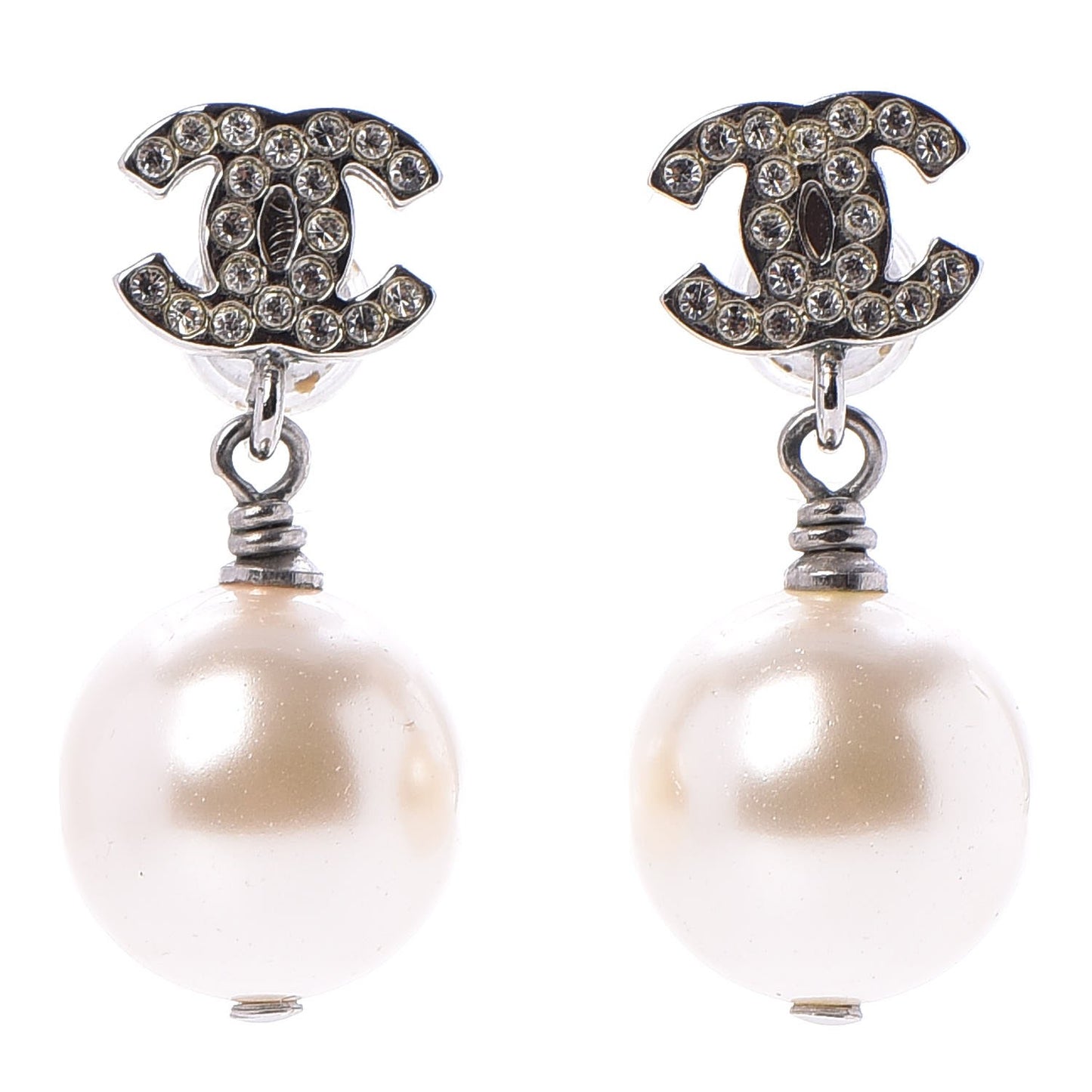 Crystal Pearl CC Drop Earrings Silver