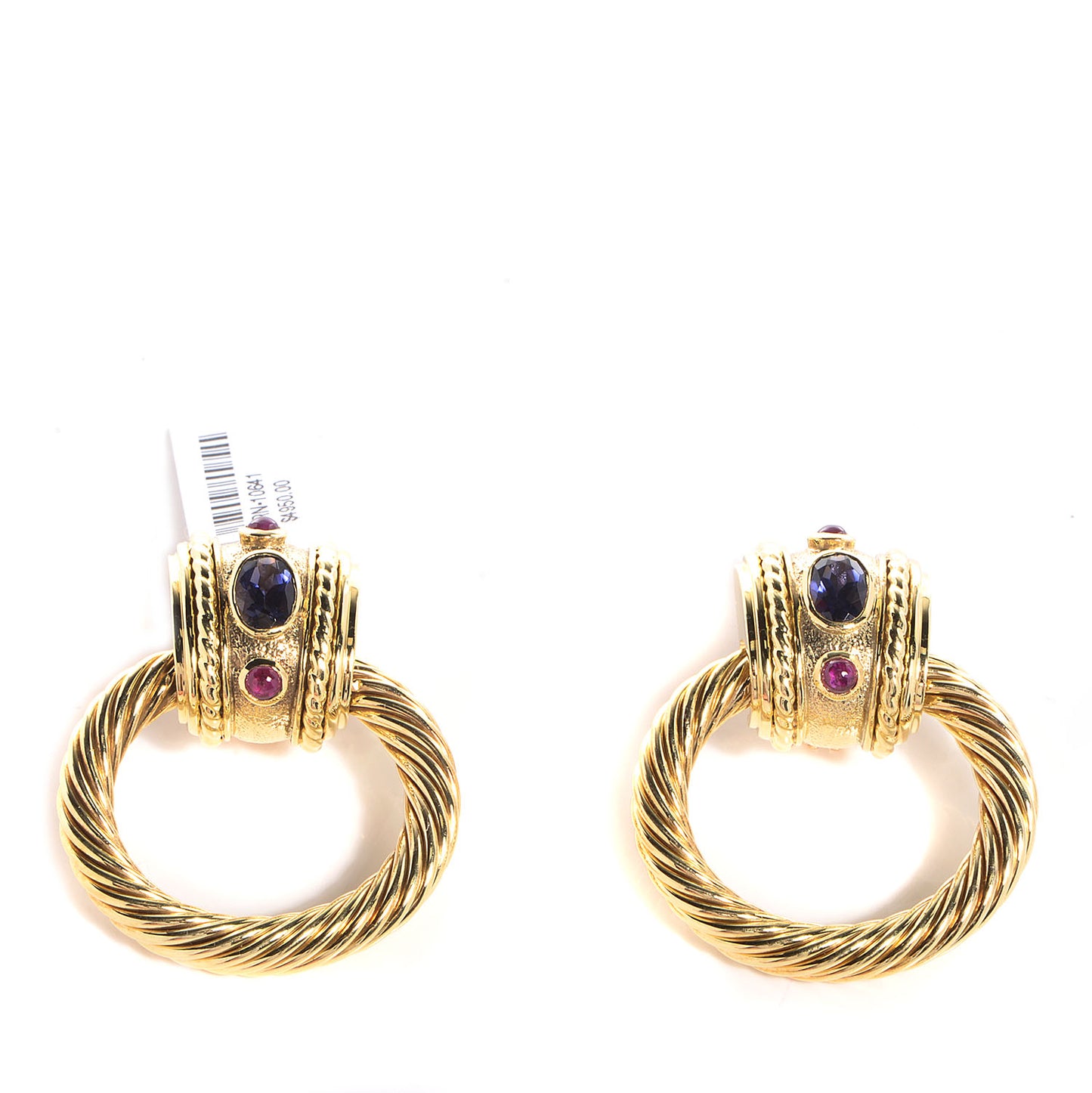 14K Gold Ruby Iolite Door Knocker Cable Earrings