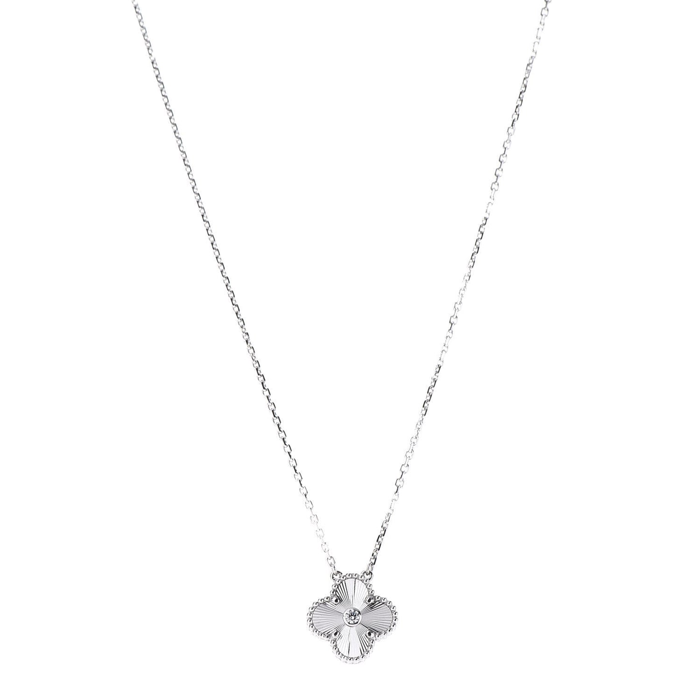 18K White Gold Diamond Guilloche Vintage Alhambra Pendant Necklace