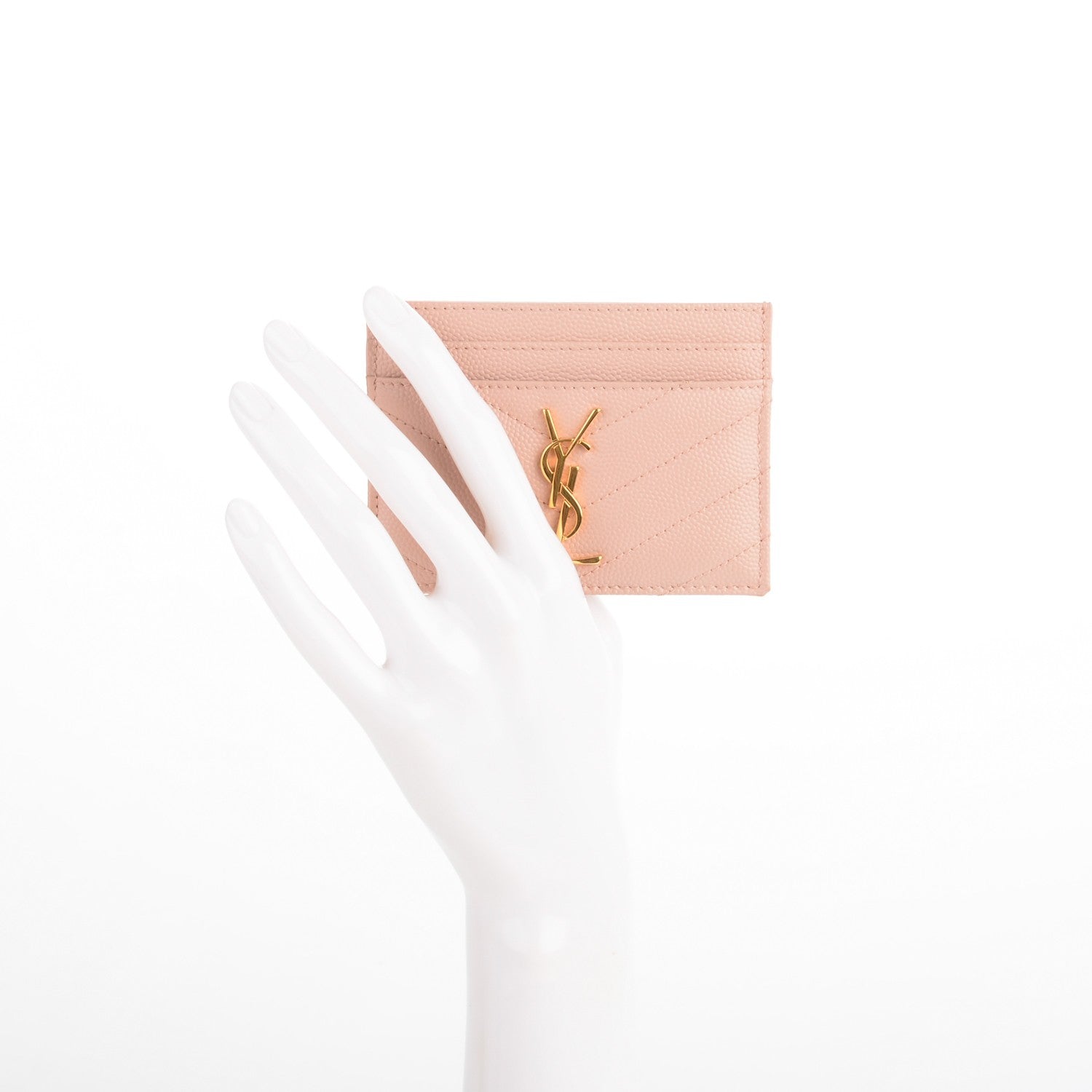 Saint Laurent Grain De Poudre Matelasse Chevron Monogram Credit Card Case Pale Pink 2 of 11