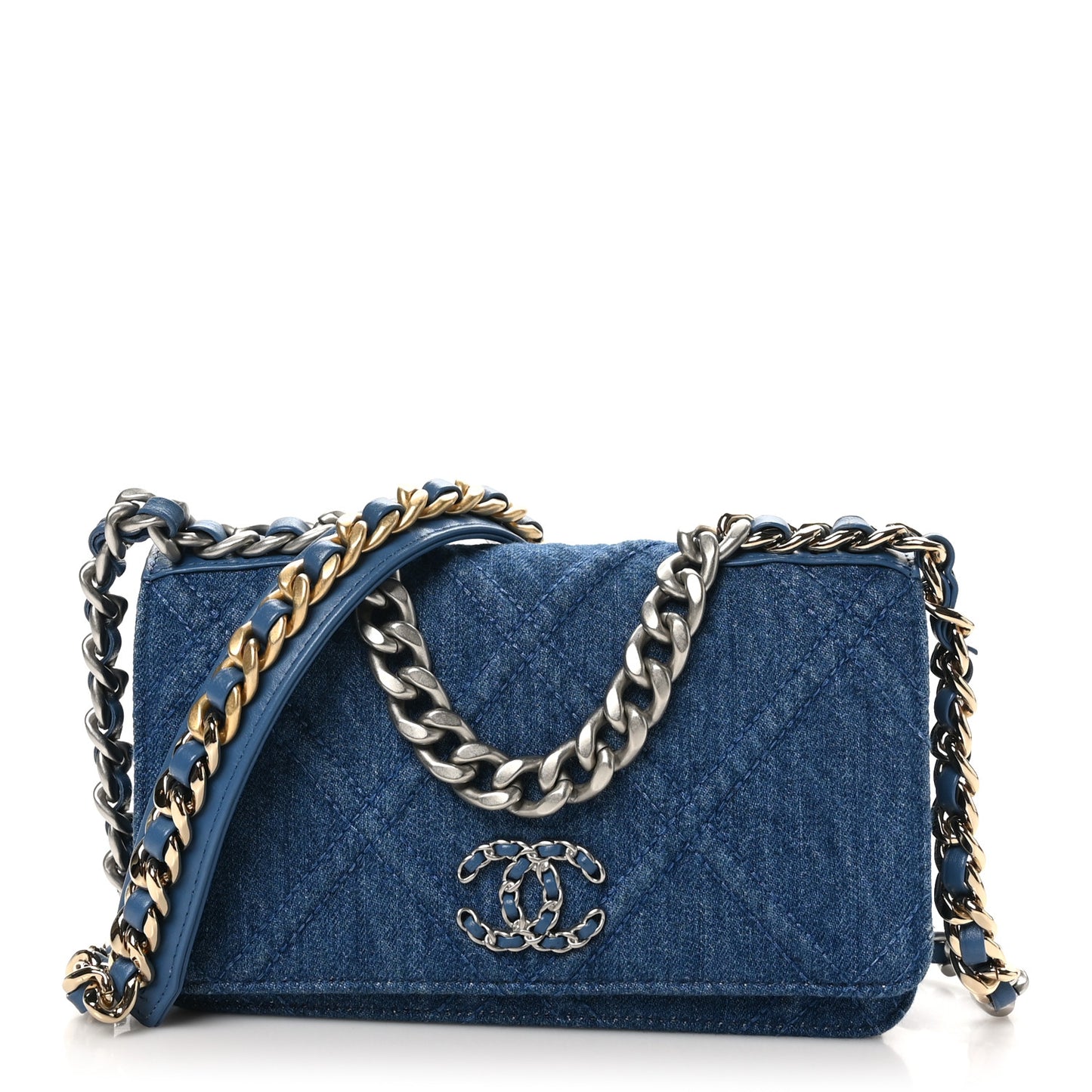Denim Quilted Chanel 19 Wallet On Chain WOC Blue