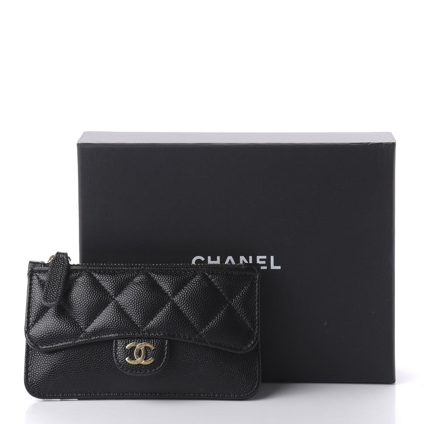 Caviar Quilted Flap Zip Card Holder Black
