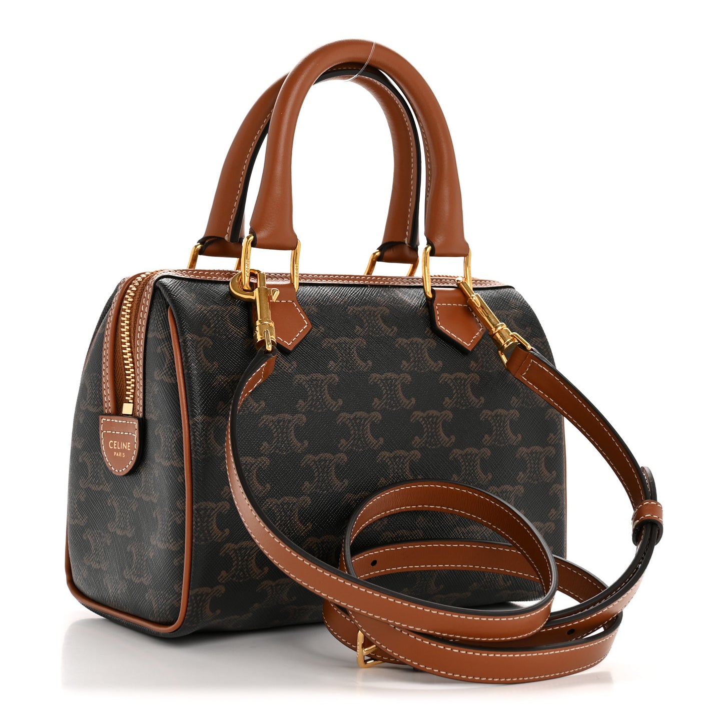 Triomphe Canvas Calfskin Small Boston Bag Tan