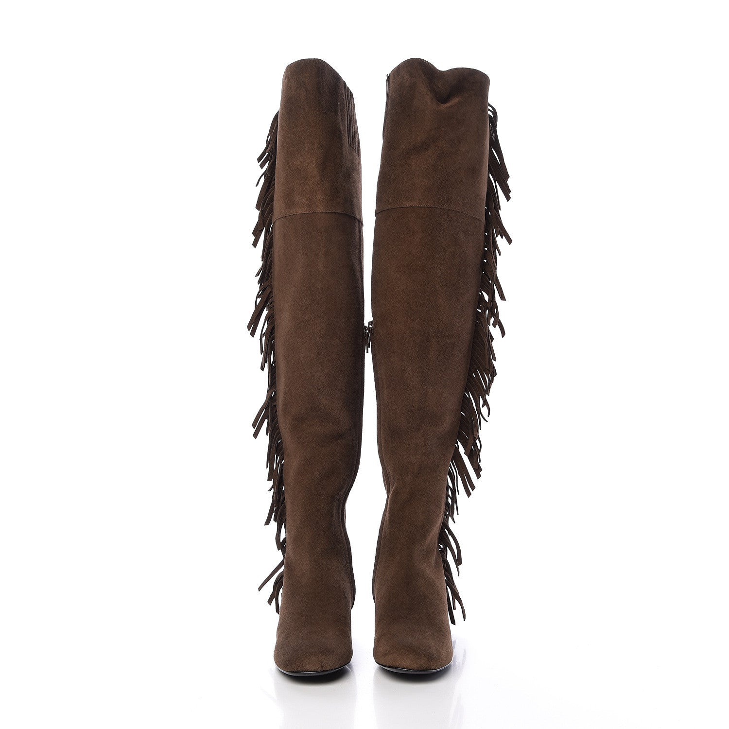 Saint Laurent Suede Goatskin BB 20 Over The Knee Fringed Boots 37 Coffee Brown 2 of 8