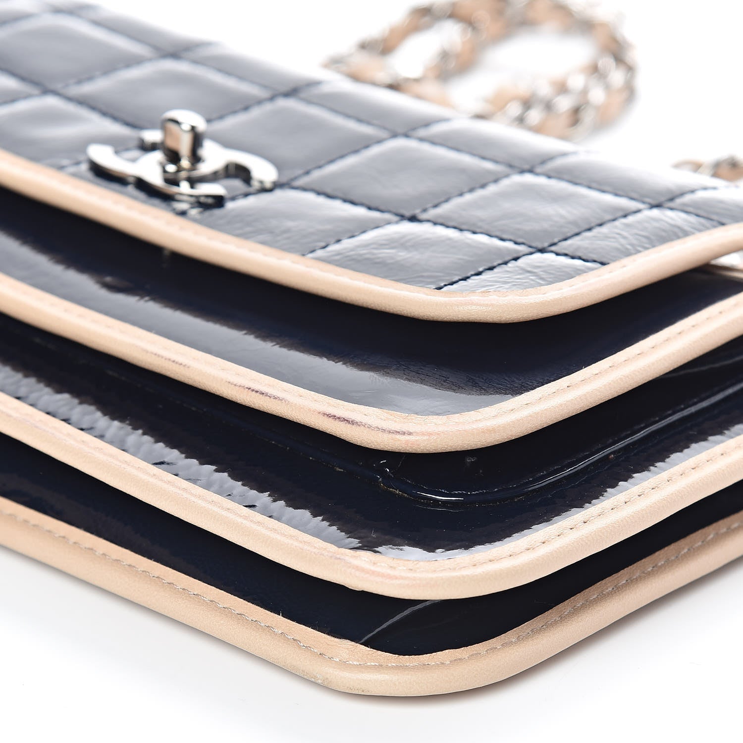 Chanel Patent Lambskin Medium Chocolate Bar Flap Navy Beige 7 of 15