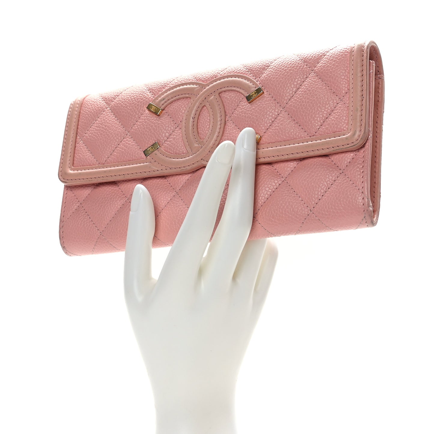 Caviar Quilted Large Filigree Gusset Flap Wallet Pink