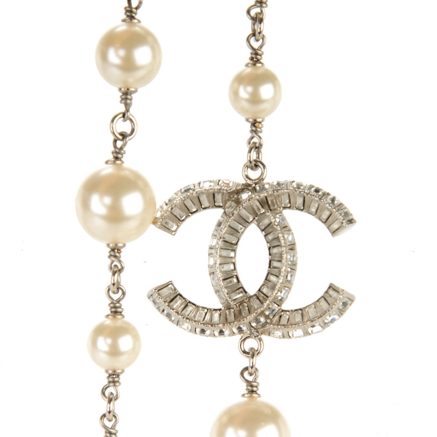 Pearl Baguette Crystal CC Long Necklace Silver
