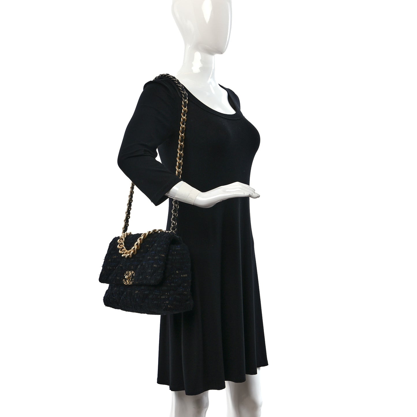 Tweed Quilted Large Chanel 19 Flap Black Navy Gold