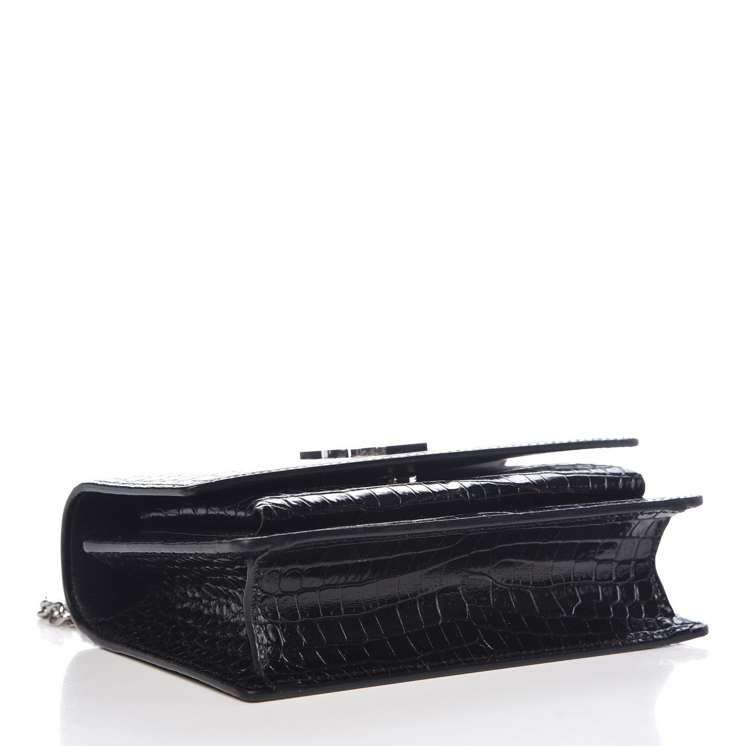 Saint Laurent Calfskin Crocodile Embossed Monogram Sunset Chain Wallet Black 4 of 7