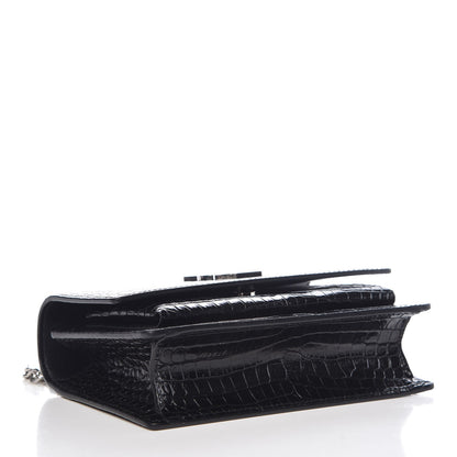 Saint Laurent Calfskin Crocodile Embossed Monogram Sunset Chain Wallet Black 4 of 7