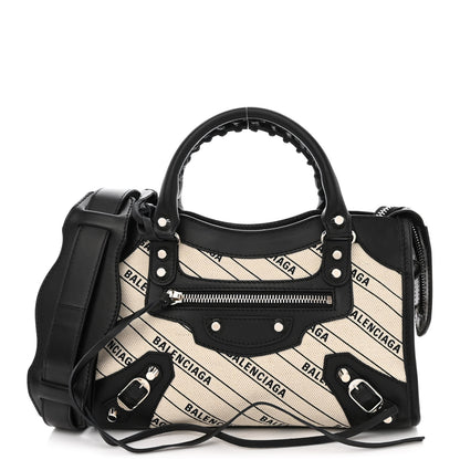 Balenciaga Canvas Satin Calfskin Diagonal Allover Logo Print Classic Silver Hardware Mini City Natural Black 3 of 11