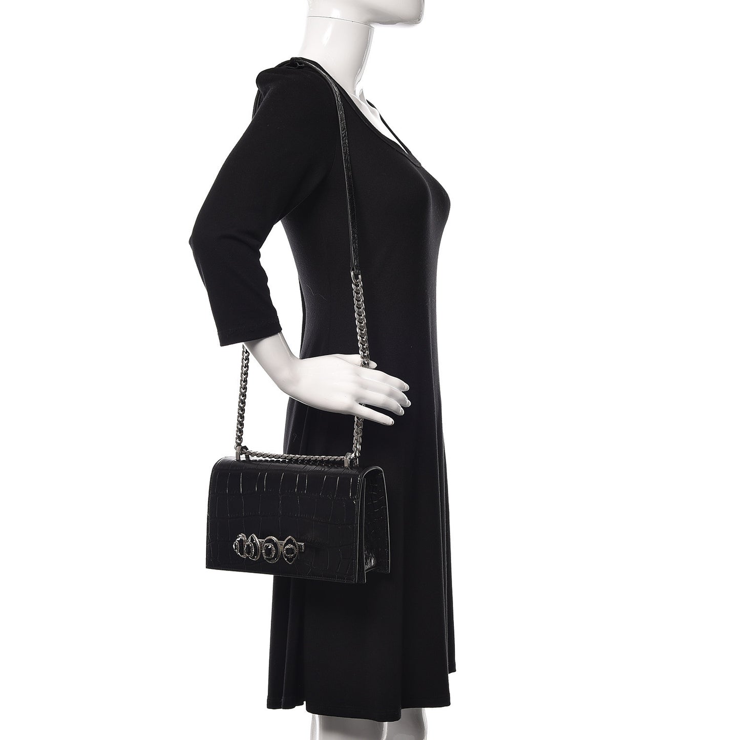 Calfskin Crocodile Embossed Knuckle Shoulder Bag Black