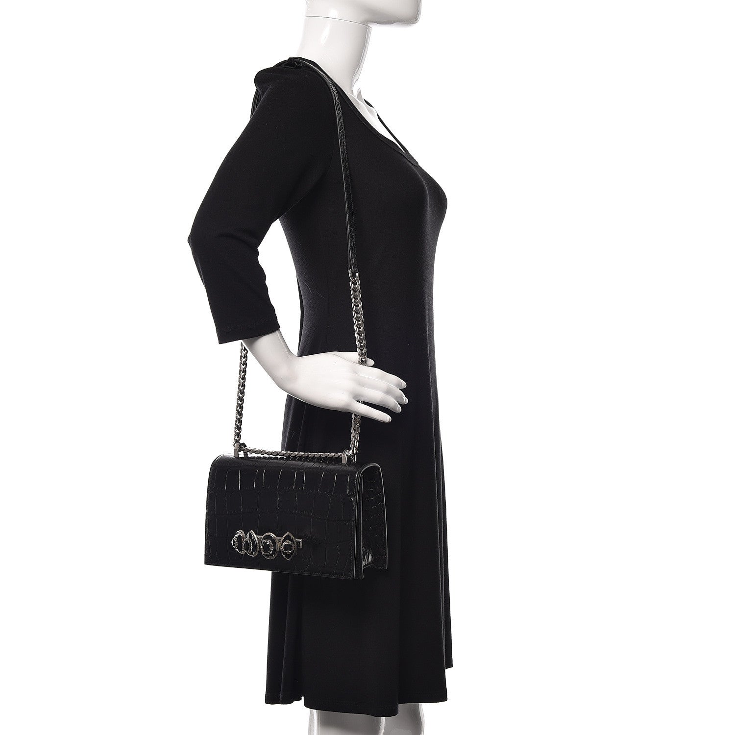 Alexander McQueen Calfskin Crocodile Embossed Knuckle Shoulder Bag Black 2 of 10