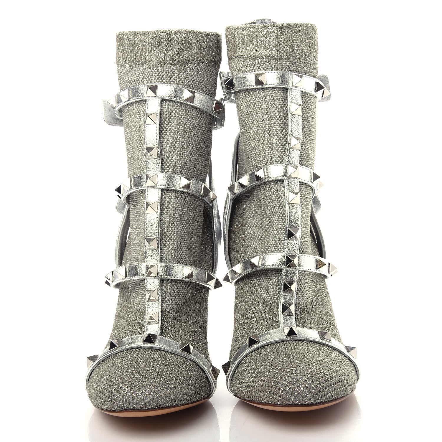 Valentino Garavani Metallic Nappa Knit Rockstud Bodytech Sock Booties 36.5 Silver 5 of 9