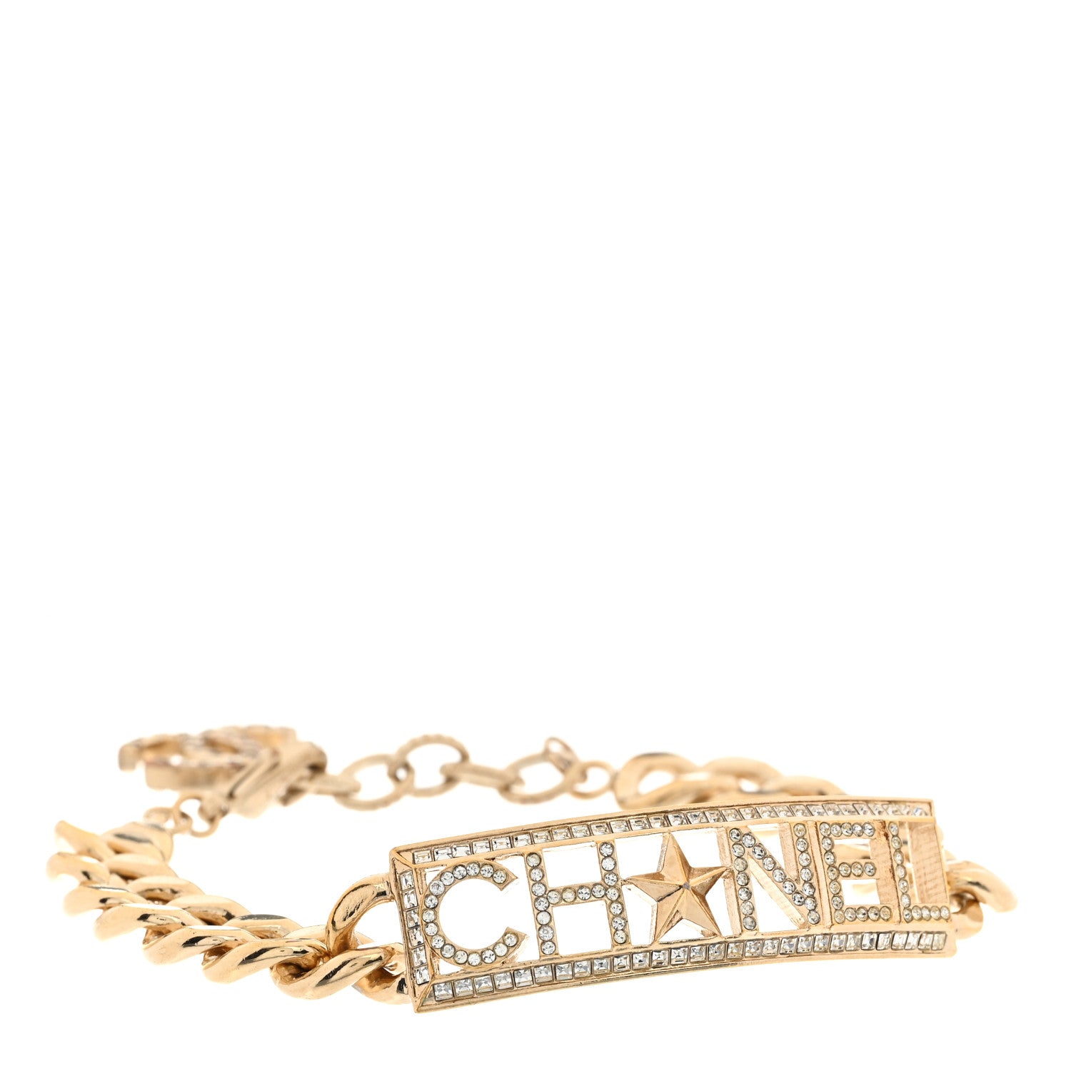 Chanel Crystal Chain Baguette Logo Star Bracelet Gold 1 of 5