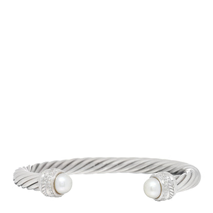 David Yurman Sterling Silver Diamond Pearl 7mm Crossover Bracelet 1 of 3
